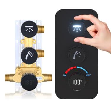 Imagem de Kit de válvula de chuveiro de latão áspero e acabamento com ícones de LED e exibição de temperatura, kit de válvula de mistura de desvio de chuveiro bidirecional, preto
