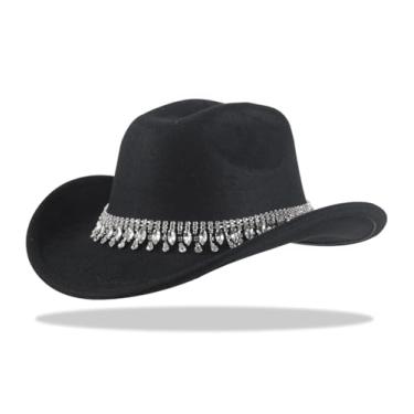 Imagem de H.B Chapéus femininos pretos de cowboy com strass western glitter prata brilhante chapéu de vaqueira