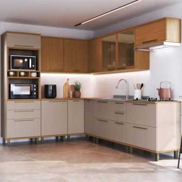 Imagem de Cozinha Modulada Completa Fidelitá Barcelona 9 Peças 494cm 16 Portas 4 Gavetas Sem Tampo Freijó/Camurça