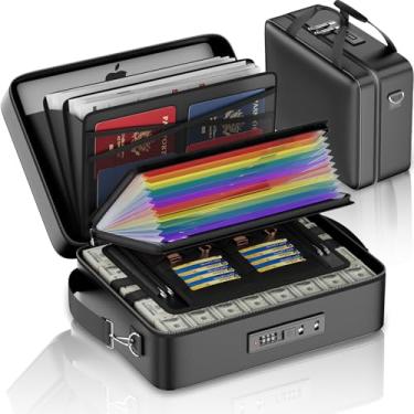 Imagem de ENGPOW Caixa de documentos à prova de fogo com fechadura, à prova de fogo, estojo rígido resistente à água, organizador de arquivos, cofre com vários bolsos, protege documentos importantes