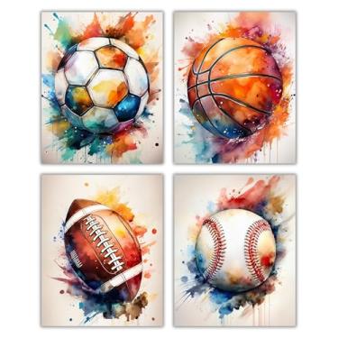 Imagem de CNTG Design Arte de parede esportiva – Conjunto de 4, pôsteres em aquarela sem moldura de 20 x 25 cm – futebol, basquete, beisebol e futebol americano – decoração esportiva para quarto de meninos