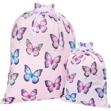 Imagem de CREATCABIN 2 tamanhos de sacos de presente com cordão borboleta 50,8 cm grande 30,5 cm pequenas borboletas impressas em tecido poliéster reutilizável saco de embrulho para presente de aniversário