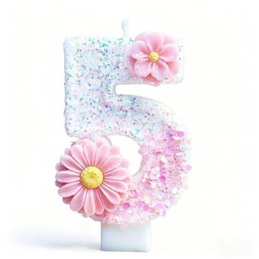 Imagem de Ayracat Velas de aniversário para bolo, 5ª vela de aniversário de flor rosa para decoração de festa, número 5