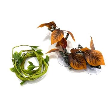 Imagem de Pacote com 2 répteis de trepadeira – Madeira flutuante de resina com ventosas e hera dobrável (médio-grande 25,4 cm) para terrários, lagartixas, lagartos, cobras e habitats de répteis (folha de outono