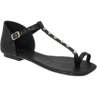 Imagem de Sandália Feminina Rasteira com Tira T e Aplicação Dourada Detalhe Dedo