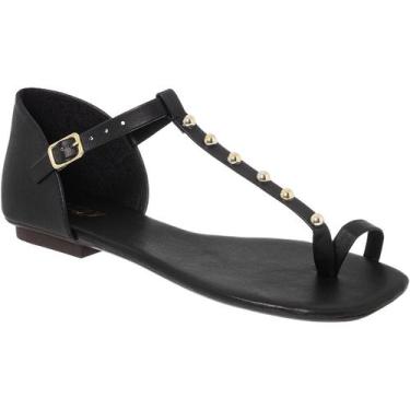 Imagem de Sandália Feminina Rasteira com Tira T e Aplicação Dourada Detalhe Dedo