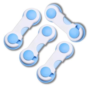 Imagem de Kit 4 Trava de Segurança Bebê Proteção Infantil com Adesivo Multiuso Criança Fechadura para Porta Janela Gaveta Armário sem Furo (AZUL)
