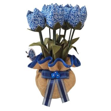 Imagem de PESO DE PORTA/ARRANJO DE MESA ARTESANAL - 12 TULIPAS EM TECIDO FLORAL AZUL E JUTA - 1,7 KG