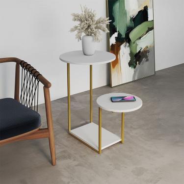 Imagem de Mesal Lateral Cibele Tampo Redondo Ferro Dourado Tampo Branco