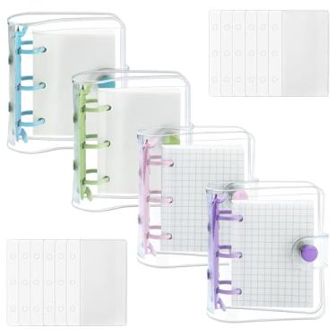 Imagem de YETOOME Pacote com 4 mini capas transparentes para fichário de 3 anéis com mini fichário interno de papel e bolsos transparente de PVC macio para fechamento de caderno pasta de folhas soltas protetor de fichário de anel redondo com botão de pressão