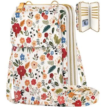 Imagem de Miss Adola Bolsa de telefone feminina – Lindas bolsas transversais, carteira para celular com alça ajustável, zíper e compartimentos para cartão, Flor bege, Small