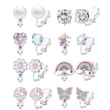 Imagem de 8 pares de brincos de pressão de ouro para mulheres, não perfurados, hipoalergênicos, fofos, borboletas, pérolas, rosa, zircônia cúbica, clipe colorido, brincos falsos, Aço inoxidável, Zircônia cúbica