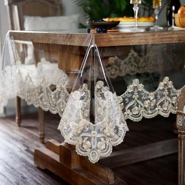 Imagem de ARTABLE Toalha de mesa de vinil de renda, retangular, impermeável, transparente, com borda de macramê de renda champanhe, para casamento, cozinha, casa, ambientes externos, feriados, decoração de