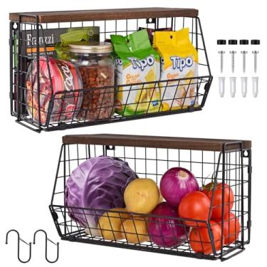 Imagem de Cestas suspensas para armazenamento de parede, pacote com 2 - organizadores de cesta de arame de madeira extragrande e ganchos S - Montar prateleiras flutuantes para despensa, cozinha, escritório