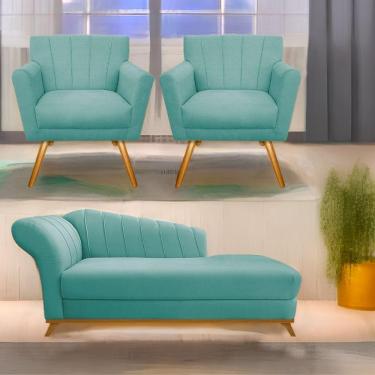 Imagem de Kit Diva Recamier Vanessa 140Cm Lado Direito E 02 Poltronas Laura Suede Cor Azultiffany