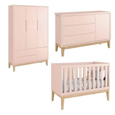 Imagem de Jogo De Quarto Para Bebê Completo 3 Portas Classic New Rosa Fosco Com Natural - Reller