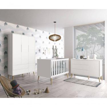 Imagem de Jogo De Quarto Para Bebê Completo 3 Portas Théo New Branco Fosco Com Natural - Reller