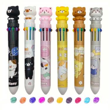 Imagem de YHSMFCL 6 canetas esferográficas multicoloridas de 0,7 mm, gato fofo, 10 em 1, canetas coloridas de ponta fina, retrátil, material escolar, escritório, artigos de papelaria kawaii