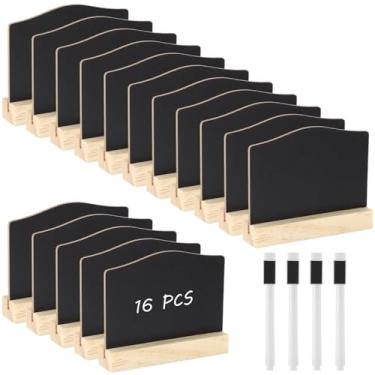 Imagem de Conjunto de quadro negro de madeira com 16 peças, mini placas de mesa, 10 x 7 cm, reutilizável com marcadores para festas, casamentos, buffets