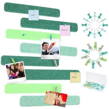 Imagem de Mooliwe 8 tiras de feltro para barras, quadro de avisos, 50 pinos e 10 grampos de madeira, quadros de cortiça autoadesivos para escritórios, fotos, notas de cola, horários (verde)