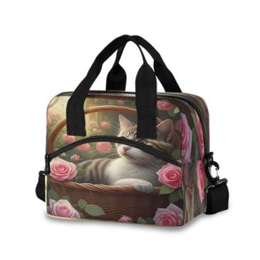 Imagem de STAYTOP Lancheira isolada para mulheres e homens, lancheira à prova de vazamento, lancheira com alça de ombro ajustável para piquenique, trabalho, escola, gato fofo na cesta de flores
