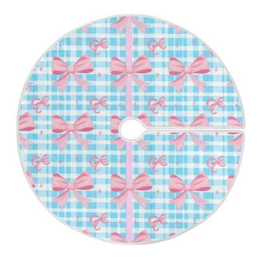 Imagem de Wassud Saia para árvore de Natal, arcos xadrez azul claro, decorações de árvore de inverno, enfeites de Natal, tapete de árvore pequena para decoração de festa de ano novo, 91 cm