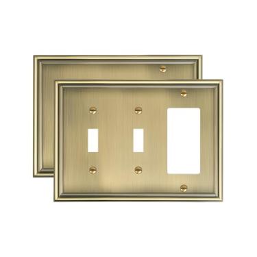 Imagem de TREEWELL Pacote com 2 placas de tampa de tomada decoradora dupla/decoradora única, latão antigo decorativo de liga de zinco, 4 placas de interruptor para tomadas elétricas, receptáculo, tomada GFCI