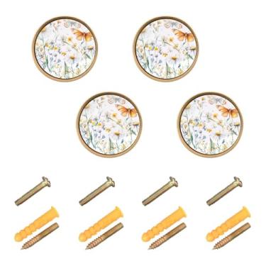 Imagem de Burbuja Maçanetas de armário de cozinha Wildflowers, pacote com 4, puxadores redondos de 3,5 cm, puxadores de cômoda com parafusos para armários de cozinha, quarto, armário