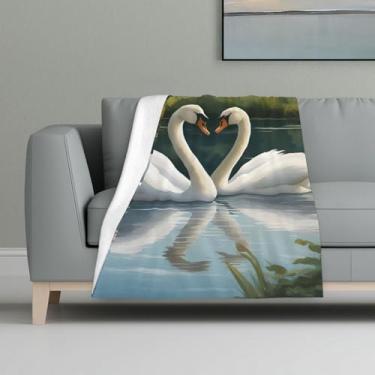 Imagem de ZTPOWQA Linda estampa de cisnes brancos no lago, cobertor de flanela macio e aconchegante para cama, sofá, viagem, acampamento, lavável, inverno, outono