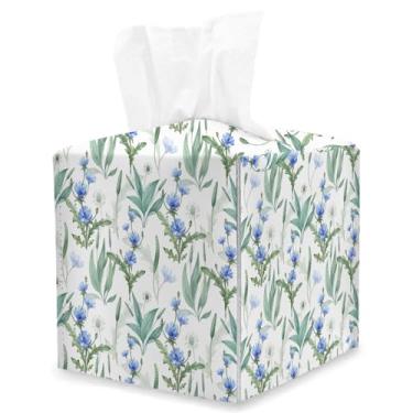 Imagem de Capa quadrada de caixa de lenços de papel floral azul, flores azuis e folhas verdes, organizador de papel facial de couro para decoração de mesa, organizador de papel para banheiro, casa, carro, mesa