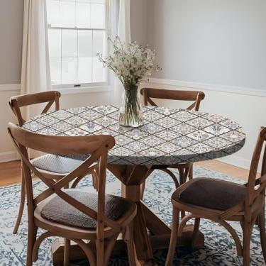 Imagem de opstellen Toalha de mesa redonda ajustada à prova de intempéries, capa de poliéster resistente, para ambientes internos e externos, para mesas de 101 a 112 cm, itens externos, festas, presentes