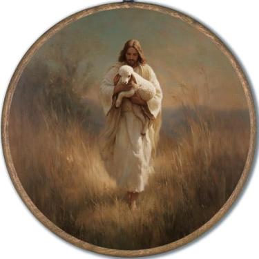 Imagem de Jesus Wall Art Decor, The Good Shepherd Christian Round Hanging Artwork, impressões em tela de fé religiosa para sala de estar, quarto, sala de oração, 25,4 cm, decoração redonda para pendurar na