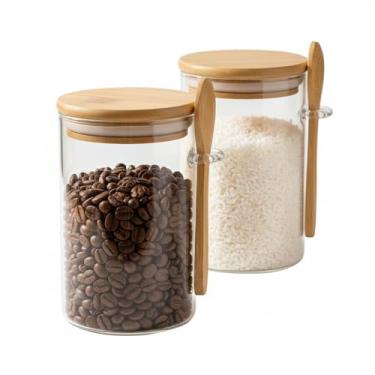Imagem de Potes Organizadores Herméticos em Vidro com Colher Bambu | Kit 2 Unidades - Armazenamento Mantimentos Multiuso
