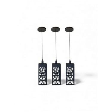 Imagem de Kit 3 Luminaria Lustre Pendente de Teto Pétala MDF, Preto, 30x12cm, Design Vazado Decorativo