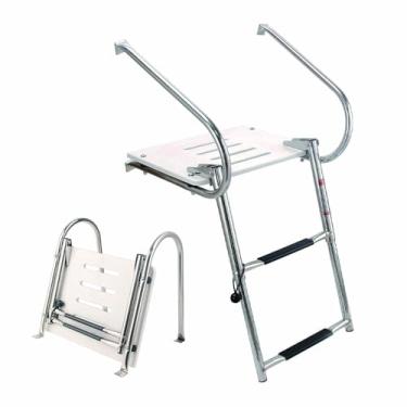 Imagem de Mojiate Escada universal para natação interna/externa com plataforma de fibra de vidro, escada telescópica para barco com 2 corrimões, escada dobrável extensível para fuzileiros navais, navios, iates