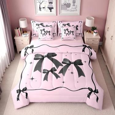 Imagem de Erosebridal Conjunto de edredom completo com laço rosa e preto para meninas | Jogo de cama com laço de fita de coquete, 7 peças para crianças e mulheres, lençol de cima com elástico kawaii com laço