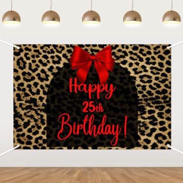 Imagem de Pano de fundo de aniversário de 25 anos com estampa de leopardo vermelho, fundo fotográfico de feliz aniversário, decoração de festa de aniversário, faixa para fotos, suprimentos