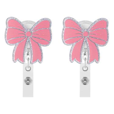 Imagem de 2 peças de carretel de crachá de laço rosa retrátil, suporte de crachá fofo com clipe jacaré, carretel de crachá de identificação engraçado para enfermeira RN LPN CNA, assistente médico, escritório