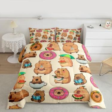 Imagem de Feelyou Lindo conjunto de edredom de capivara, tamanho solteiro, kawaii, capivara, café, donuts, melancia, para quarto de crianças, meninos, meninas, decoração adorável de microfibra ultramacia e