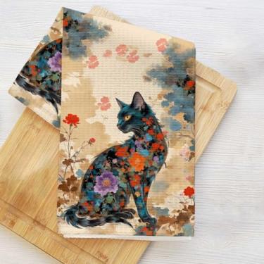 Imagem de Toalhas de cozinha com padrão de colagem de gato floral extravagante, toalha de prato decorativa de microfibra absorvente, toalhas de mão de waffle para cozinha, casa, banheiro, presentes para amantes