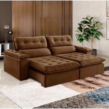 Imagem de Sofá Retrátil E Reclinável Texas 2,54m Veludo Cor Marrom 2131 Usb Com Kit Usb