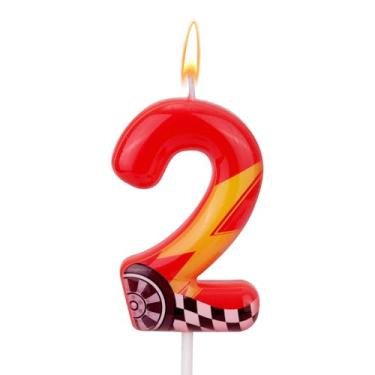 Imagem de Vela de aniversário temática de carros de corrida, vela vermelha com número de relâmpago, topo de bolo perfeito e artigos de decoração de aniversário e festa temática (número 2)