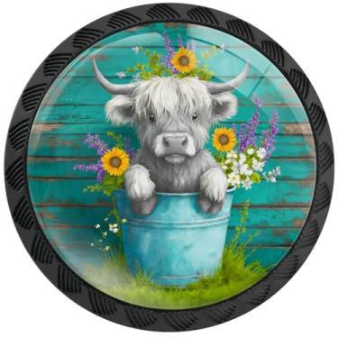 Imagem de Artinhand Pacote com 4 puxadores de armário de madeira azul-petróleo rústica Highland Cow puxadores de gaveta pretos puxadores de armário puxadores de porta de armário ferragens para armários de