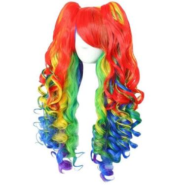 Imagem de Peruca de cosplay Rainbow Curly Lolita com rabos de cavalo gêmeos 60cm