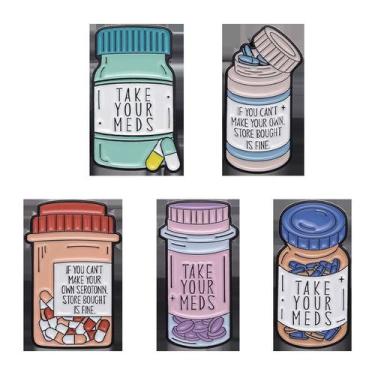 Imagem de Brooch Pins Set, frasco de remédio de desenho animado, citação engraça
