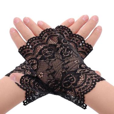 Imagem de Luvas WLLHYF de Halloween curtas de renda sem dedos pretas para mulher