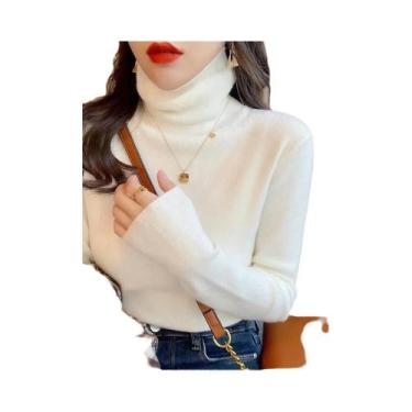 Imagem de Suéter Feminino Slim Fit De Cor Sólida Com Gola Alta, Manga Longa, Cas