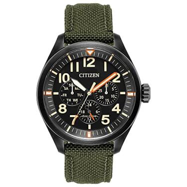 Imagem de Citizen Relógio masculino Eco-Drive Garrison, aço inoxidável com pulseira de nylon, relógio de campo, Pulseira verde, mostrador preto, 43 mm