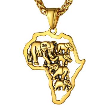 Imagem de Colar GOLDCHIC JEWELRY com mapa africano, olho tribal/egípcio de Horus/eu amo a África/elefante África colar hiphop unissex com corrente ajustável de 56 cm + 5 cm – serviço personalizável, cor dourada/preto/prata