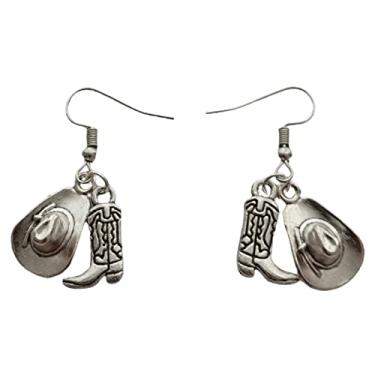 Imagem de Brincos de chapéu de cowboy country ocidental, pingente de bota e chapéu, amante da fazenda, joia original de vaqueira, 42 x 12 mm, zinco, sem pedra preciosa, 42x12mm, Zinco, Sem pedra preciosa